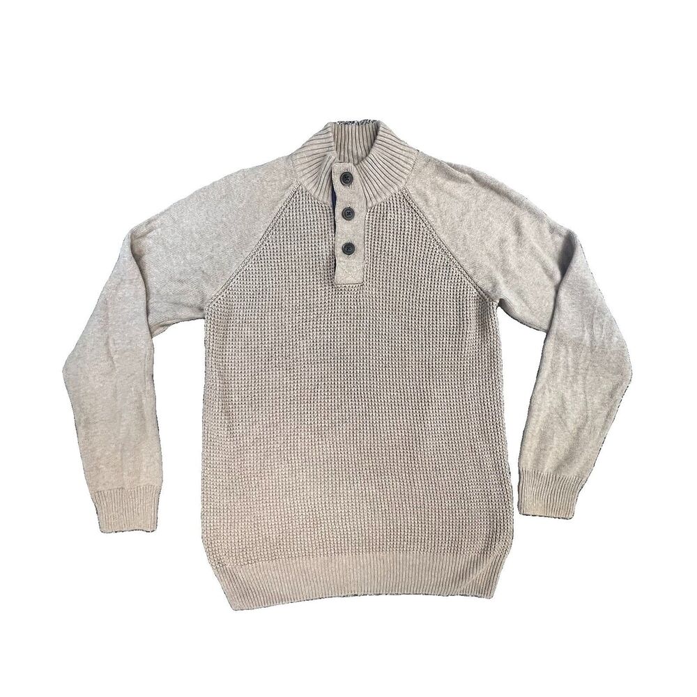WEATHERPROOF TAN HENLEY SWEATER MEDIUM WAFFLE KNIT MOCK 3-BUTTON 1/4 PLACKET